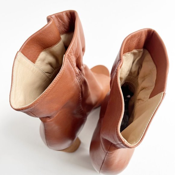 Chloe | Cognac Leather Peep Toe Cinched Ankle Boots | 38.5/8.5 - Picture 6 of 14